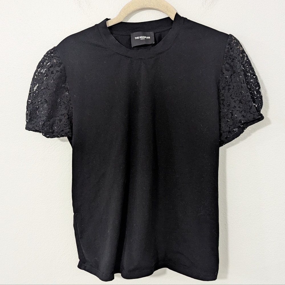 The Kooples Lace Sleeve Top Mixed Media Crewneck Short Sleeve Black 1 Small S